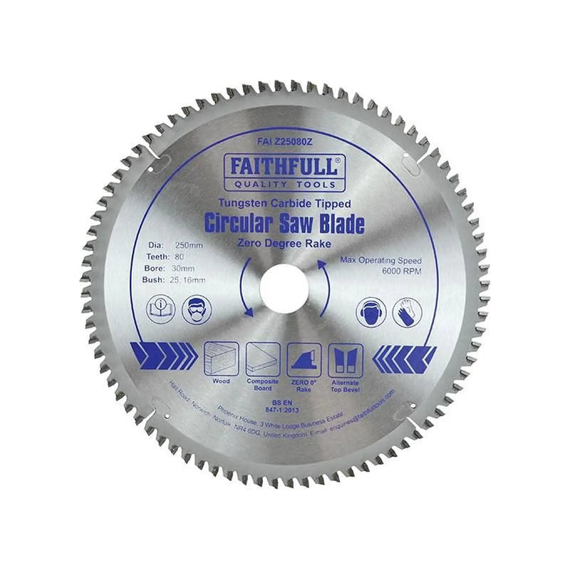 Faithfull TCT Circular Saw Blade Zero Degree 250 x 30mm x 80T