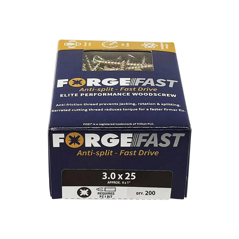 Forgefix ForgeFast Pozi Compatible Elite Performance Wood Screw ZY 3.0 x 25mm Box 200
