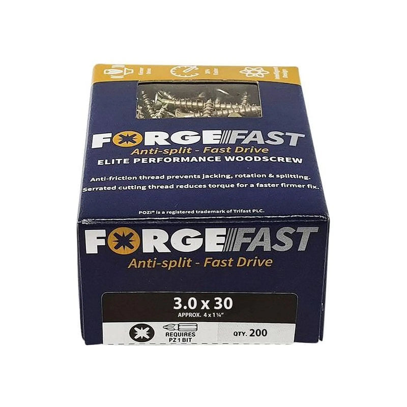 Forgefix ForgeFast Pozi Compatible Elite Performance Wood Screw ZY 3.0 x 30mm Box 200