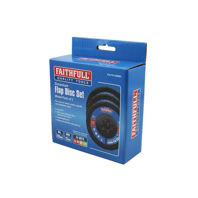 Faithfull Zirconia Abrasive Jumbo Flap Disc 125 x 22mm Mixed Grit (3 Pack)