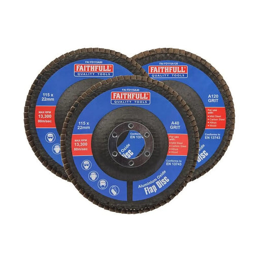Faithfull Aluminium Oxide Flap Disc 115 x 22mm Mixed Grit (3 Pack)