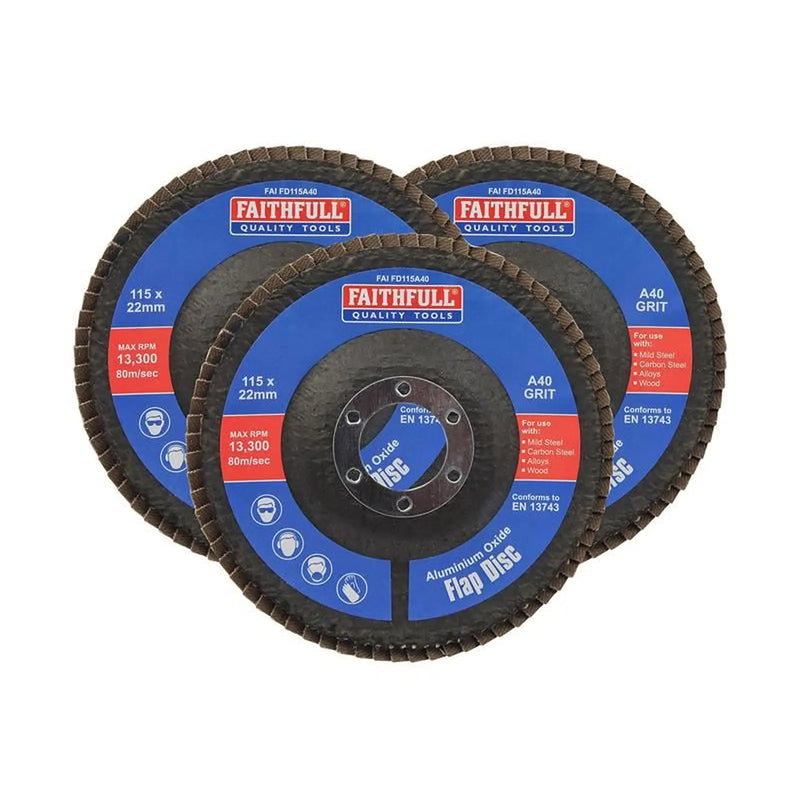 Faithfull Aluminium Oxide Flap Disc 115 x 22mm 40 Grit (3 Pack)