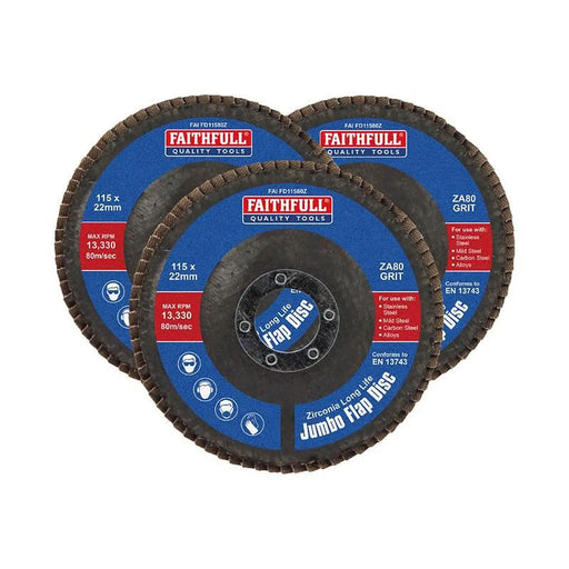Faithfull Zirconia Abrasive Jumbo Flap Disc 115 x 22mm 80 Grit (3 Pack)
