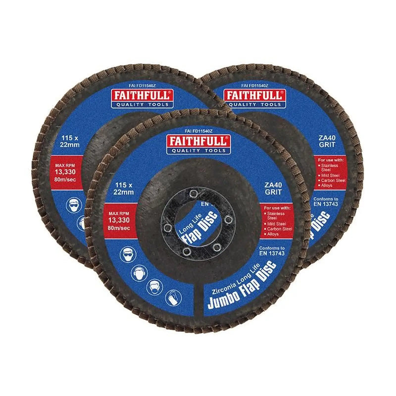Faithfull Zirconia Abrasive Jumbo Flap Disc 115 x 22mm 40 Grit (3 Pack)