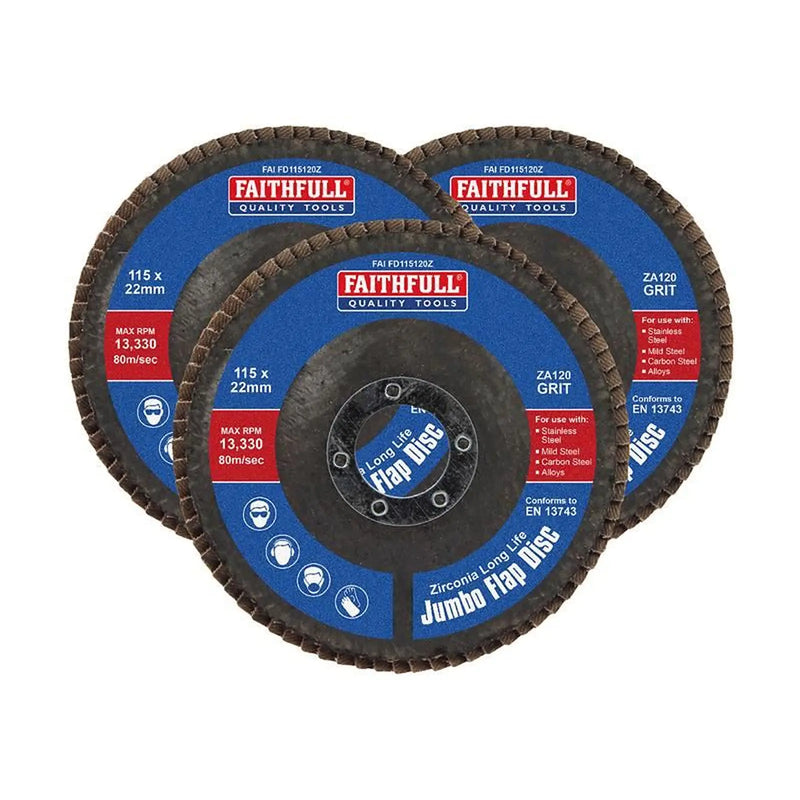 Faithfull Zirconia Abrasive Jumbo Flap Disc 115 x 22mm 120 Grit (3 Pack)