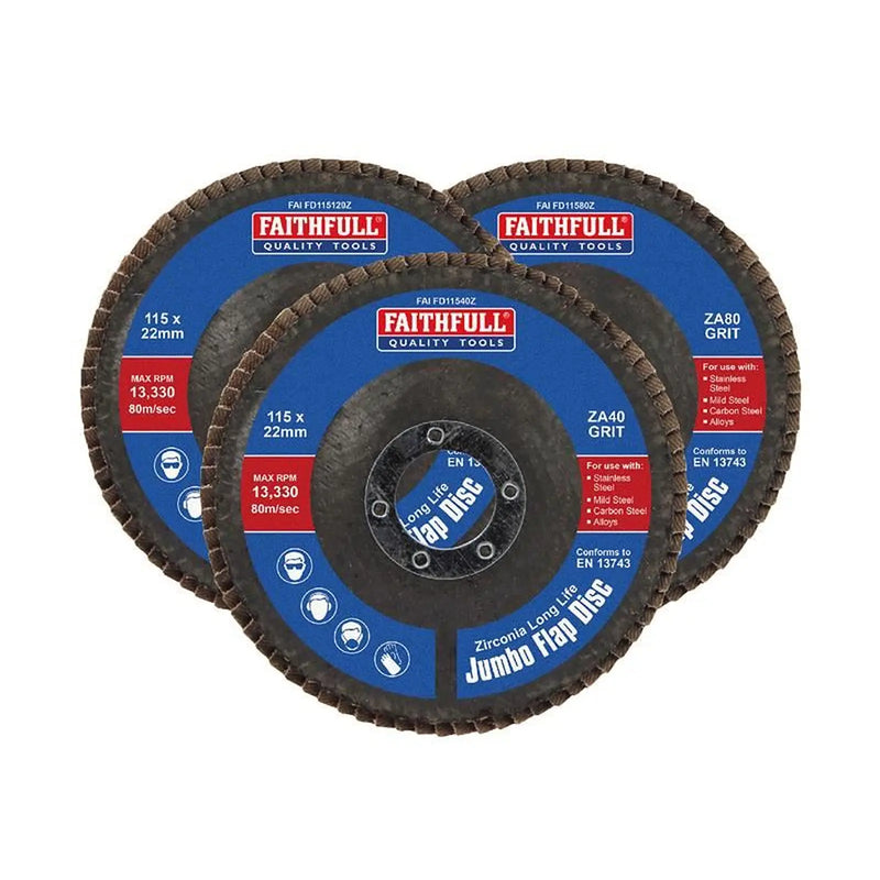 Faithfull Zirconia Abrasive Jumbo Flap Disc 115 x 22mm Mixed Grit (3 Pack)