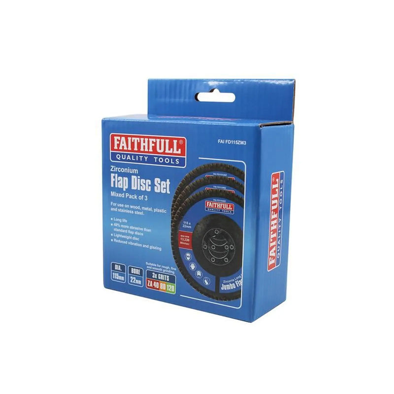 Faithfull Zirconia Abrasive Jumbo Flap Disc 115 x 22mm Mixed Grit (3 Pack)