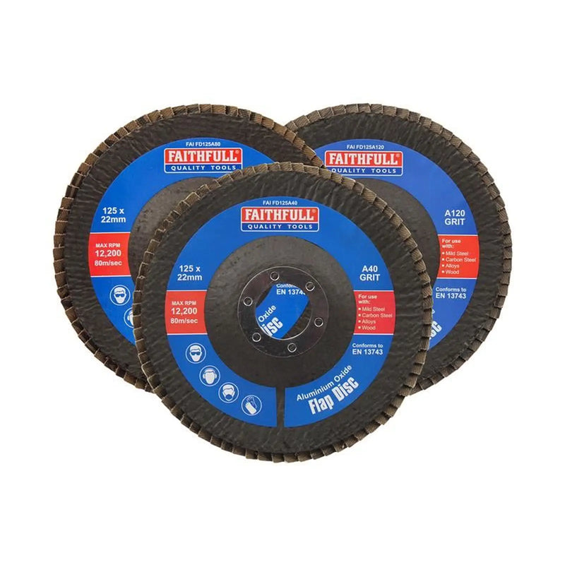 Faithfull Aluminium Oxide Flap Disc 125 x 22mm Mixed Grit (3 Pack)