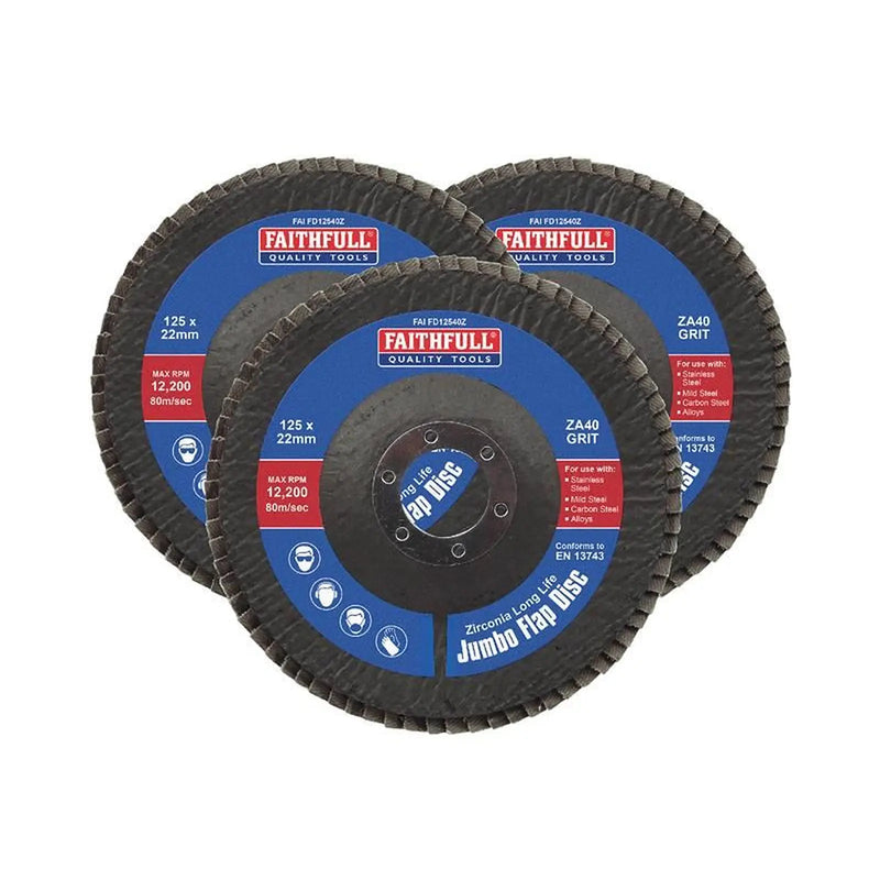 Faithfull Zirconia Abrasive Jumbo Flap Disc 125 x 22mm 40 Grit (3 Pack)