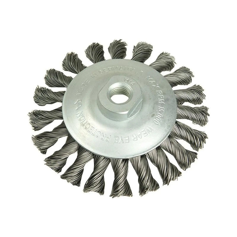 Lessmann Conical Knot Brush 115mm M14 Bore, 0.50 Steel Wire