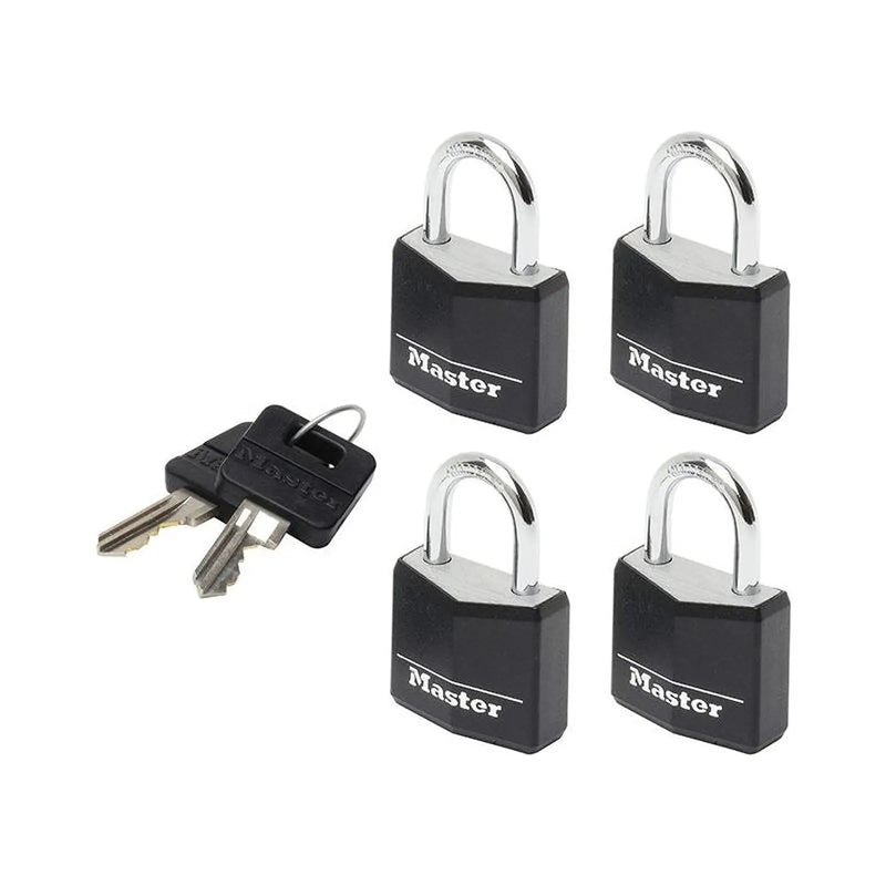 Master Lock Aluminium Black Vinyl Cover 20mm Padlock 3-Pin - Keyed Alike x 4