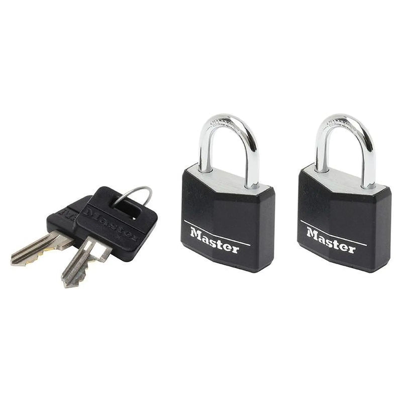 Master Lock Aluminium Black Vinyl Cover 20mm Padlock 3-Pin - Keyed Alike x 2