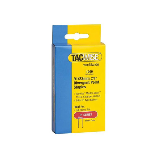 Tacwise 91 Narrow Crown Divergent Point Staples 22mm - Electric Tackers (Pack 1000)