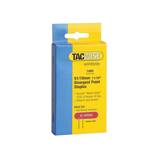 Tacwise 91 Narrow Crown Divergent Point Staples 18mm - Electric Tackers (Pack 1000)