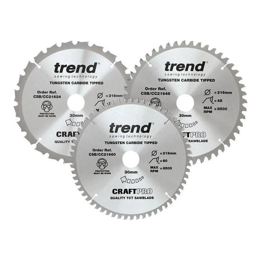 Trend CraftPro Mitre Saw Blade 216 x 30mm x 24T/48T/60T (Pack 3)