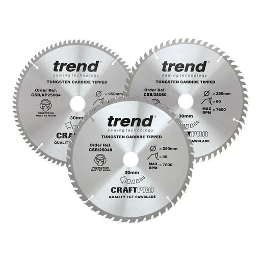 Trend CraftPro Table Saw Blade 250 x 30mm x 48T/60T/84T (Pack 3)