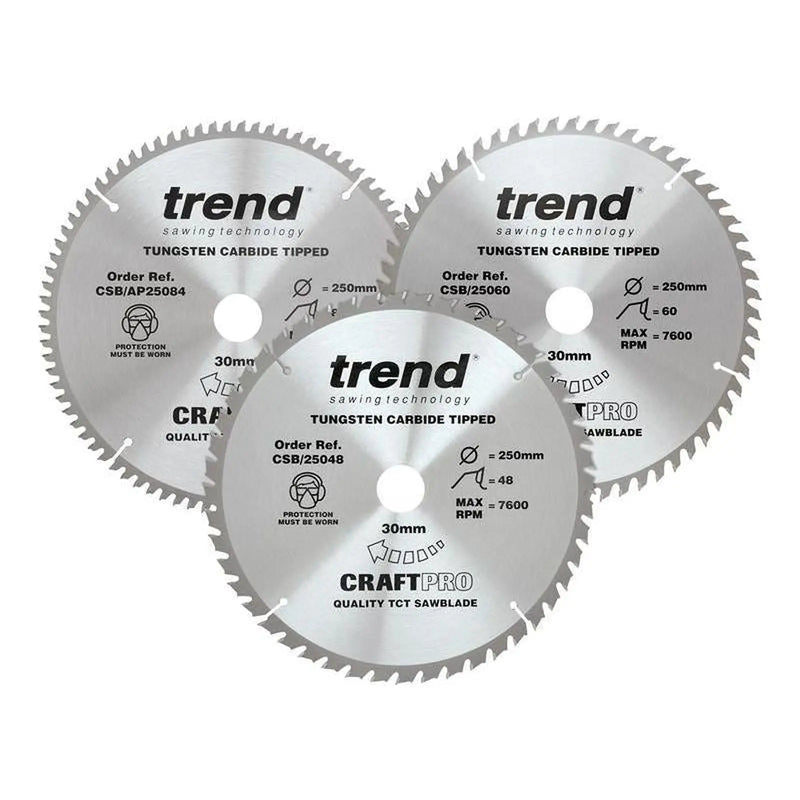 Trend CraftPro Table Saw Blade 250 x 30mm x 48T/60T/84T (Pack 3)