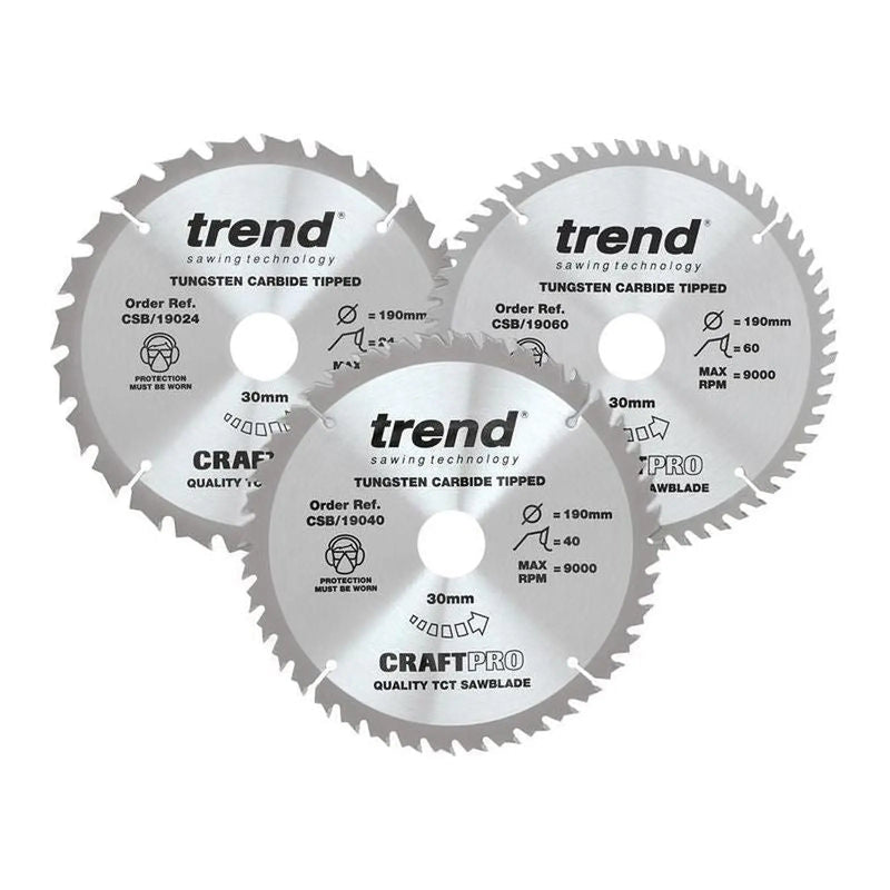 Trend CraftPro Saw Blade 190 x 30mm x 24T/40T/60T (Pack 3)