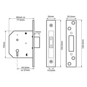 Union 2101 5 Lever Mortice Deadlock Satin Brass Finish 65mm 2.5in Box