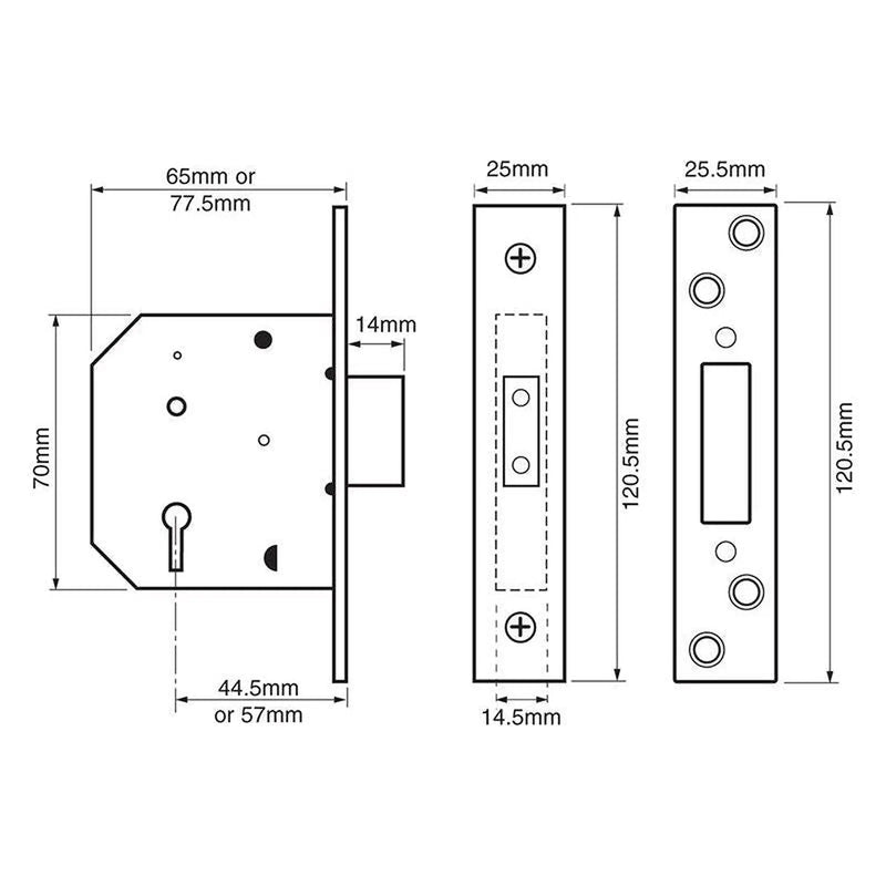 Union 2101 5 Lever Mortice Deadlock Satin Brass Finish 65mm 2.5in Box