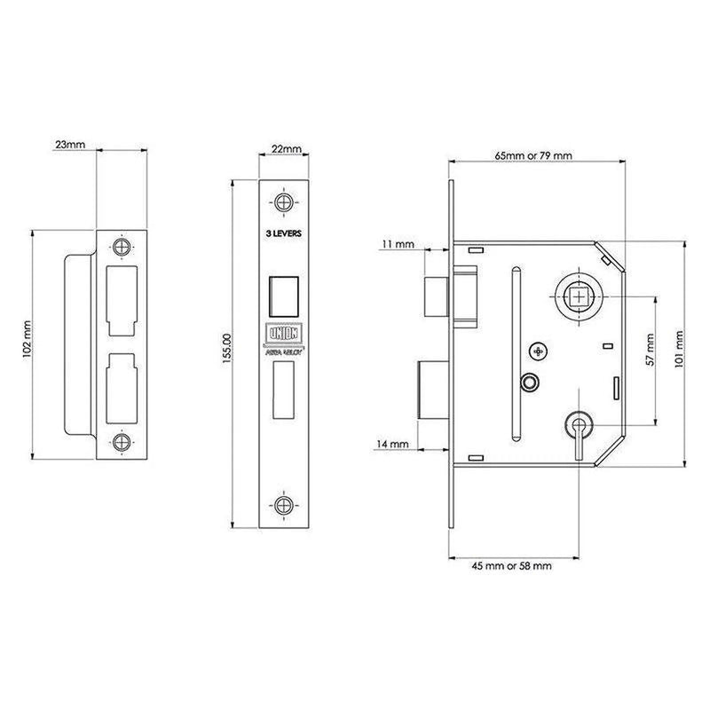 Union ES-SL Essentials 3 Lever Mortice Sashlock Chrome 65mm 2.5in Visi