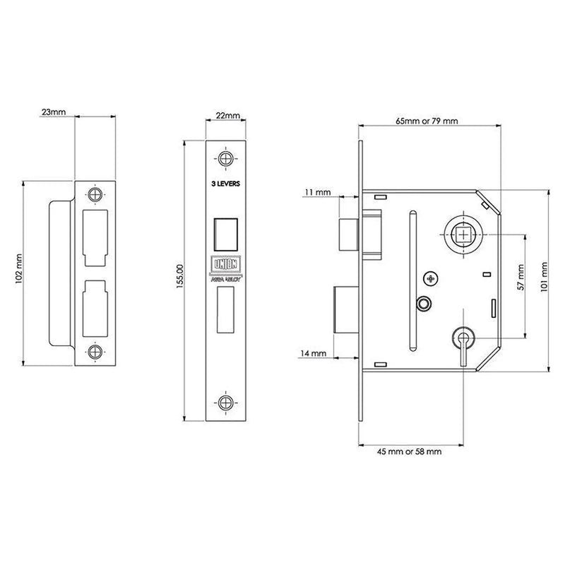 Union ES-SL Essentials 3 Lever Mortice Sashlock Polished Brass 79mm 3in Visi