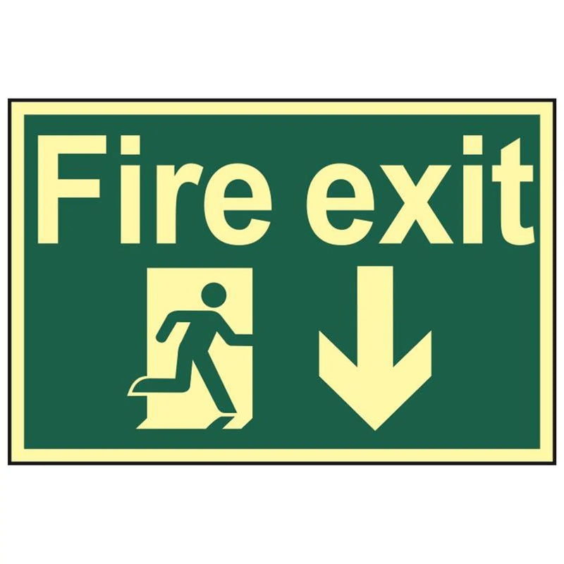 Scan Fire Exit Running Man Arrow Down - Photoluminescent 300 x 200mm