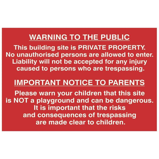 Scan Building Site Warning to Public & Parents - PVC Sign 600 x 400mm