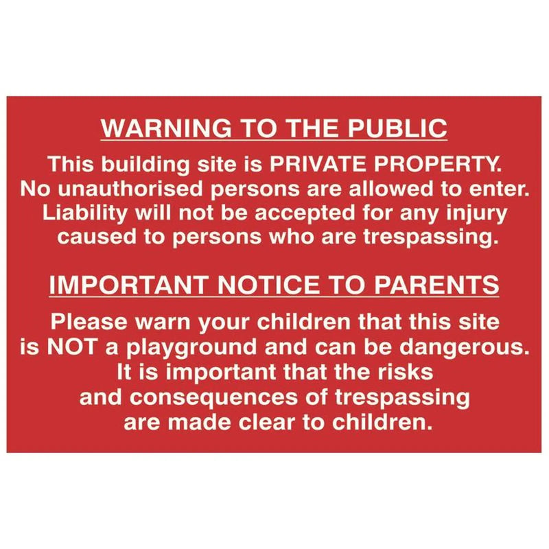 Scan Building Site Warning to Public & Parents - PVC Sign 600 x 400mm