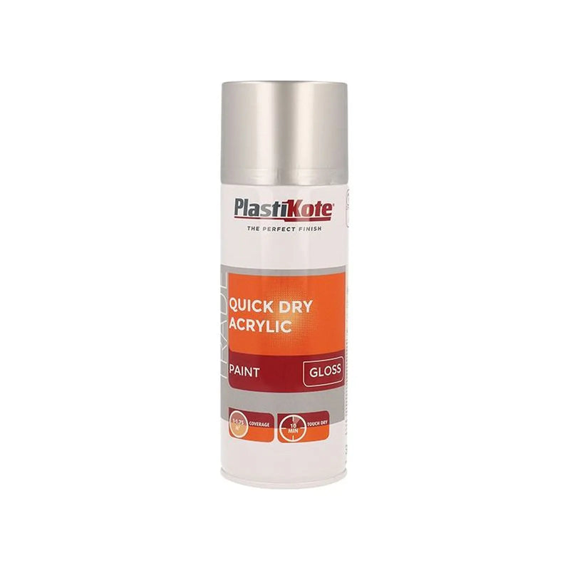 Plastikote Trade Quick Dry Acrylic Spray Paint Gloss Silver 400ml