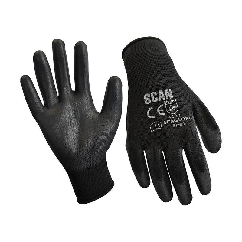 Scan Black PU Coated Gloves - M (Size 8) (12 Pairs)