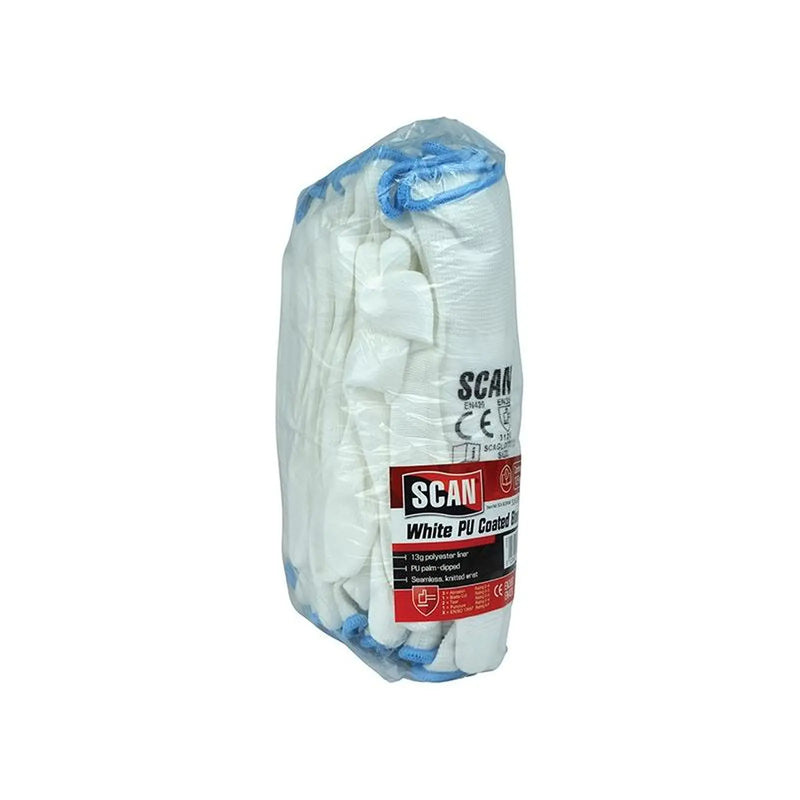 Scan White PU Coated Gloves - L (Size 9) (Pack 12)