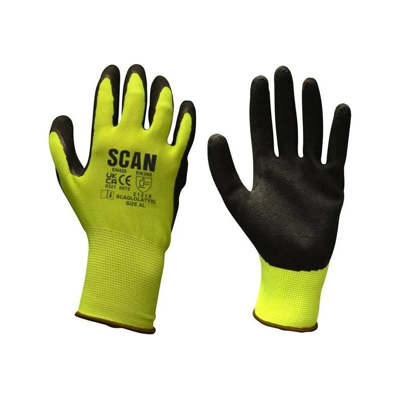 Scan Hi-Vis Yellow Foam Latex Coated Gloves - L (Size 9)
