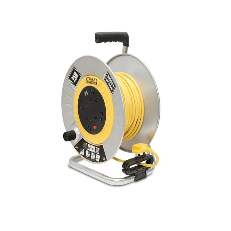 STANLEY Electrical Open Metal Drum Cable Reel 240V 13A 4-Socket + 2 USB 25m