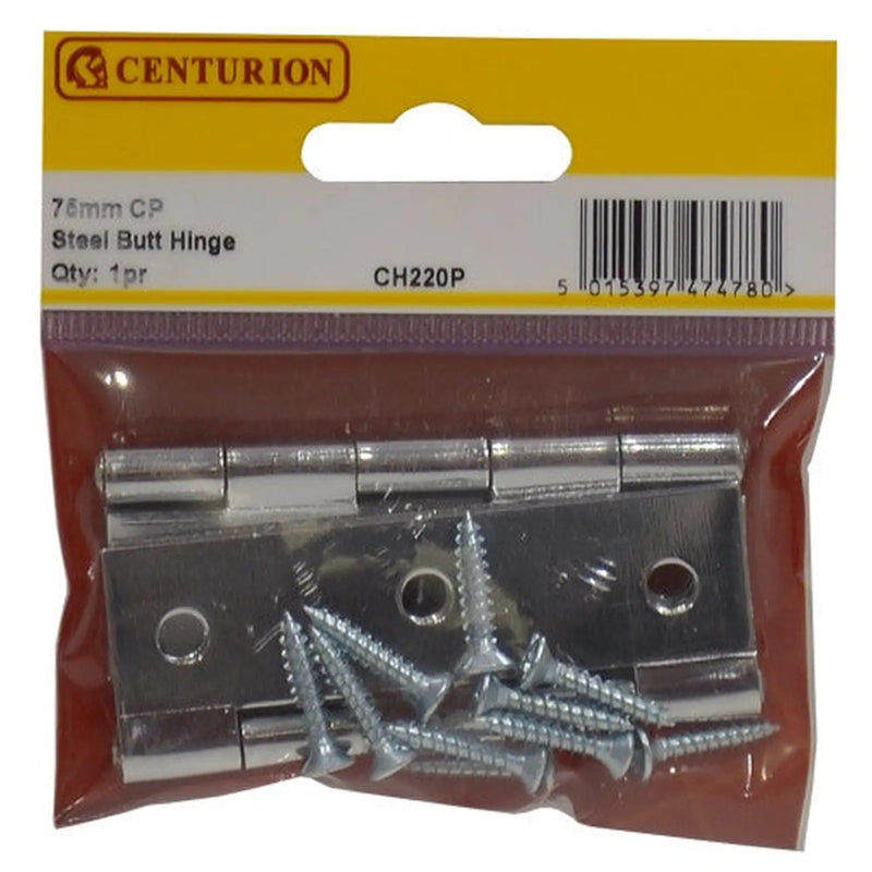 centurion Steel Butt Hinges, Chromed, 75mm