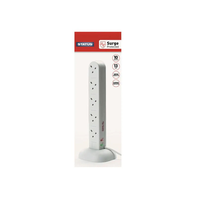 STATUS® Surge Protected Tower Multi Plug Extension 240V 10-Gang 13A White 2m
