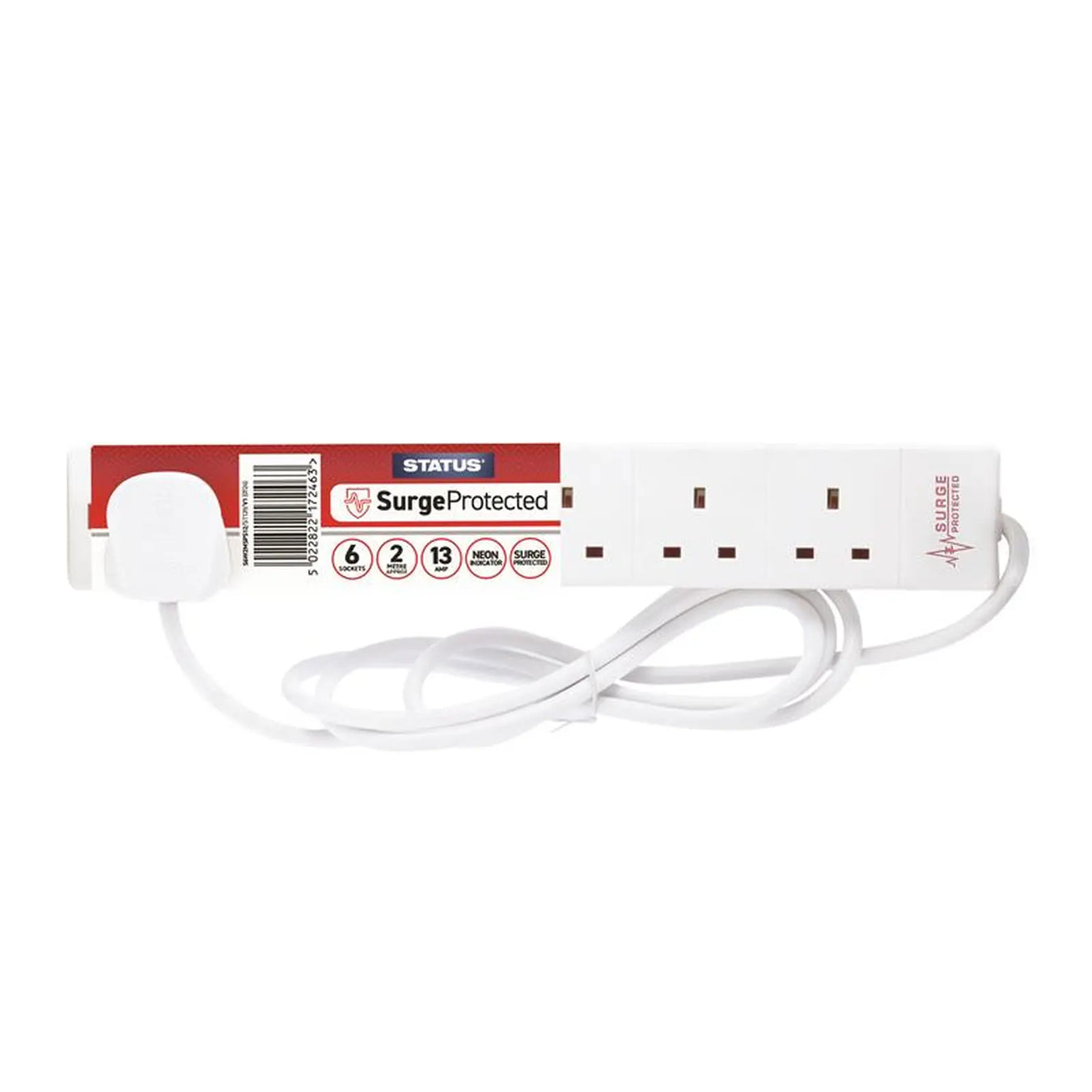 STATUS® Surge Protected Extension Lead 240V 6-Gang 13A White 2m