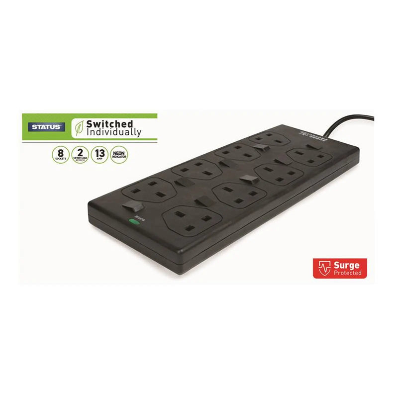 STATUS® Individually Switched Extension Lead 240V 8-Gang 13A Black 2m