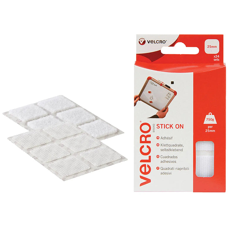 VELCRO® Brand Stick On Squares 25mm x 24 Sets 60235