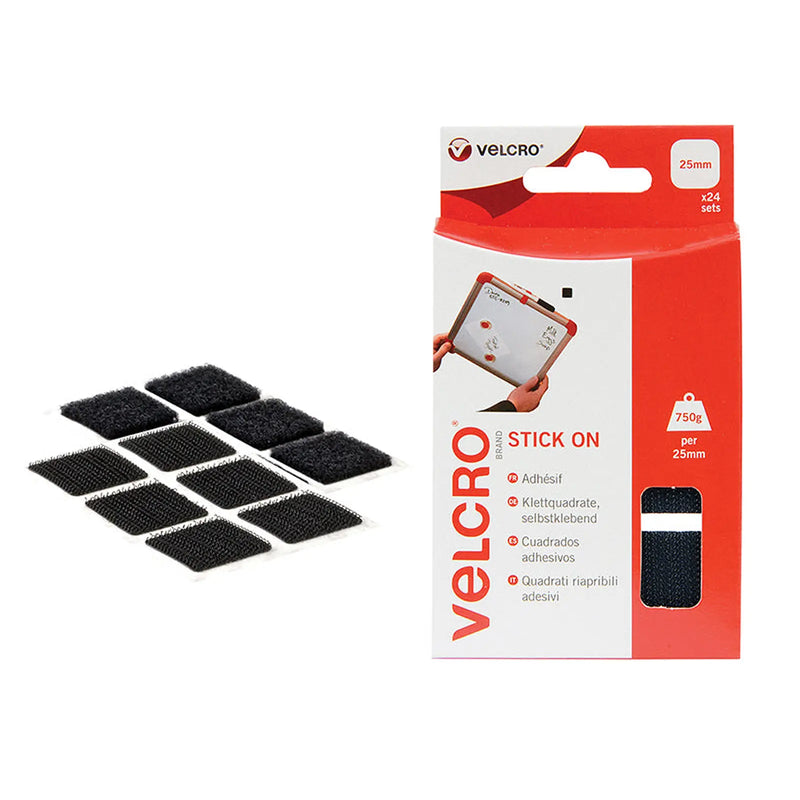 VELCRO® Brand Stick On Squares 25mm Black (Pack 24)