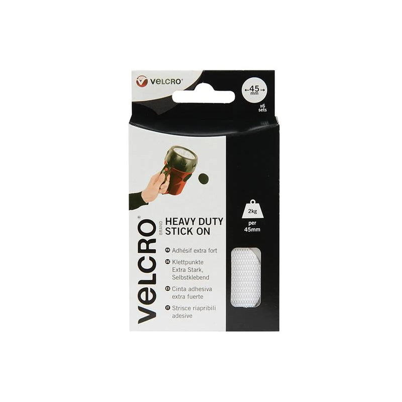 VELCRO® Brand Heavy-Duty Stick On Coin 45mm x 6 Sets White 60249