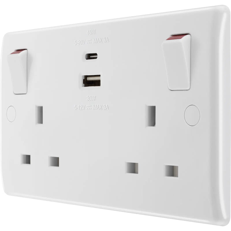BG Electrical 800 Series - Double switched single pole, with USB A + C (45W)