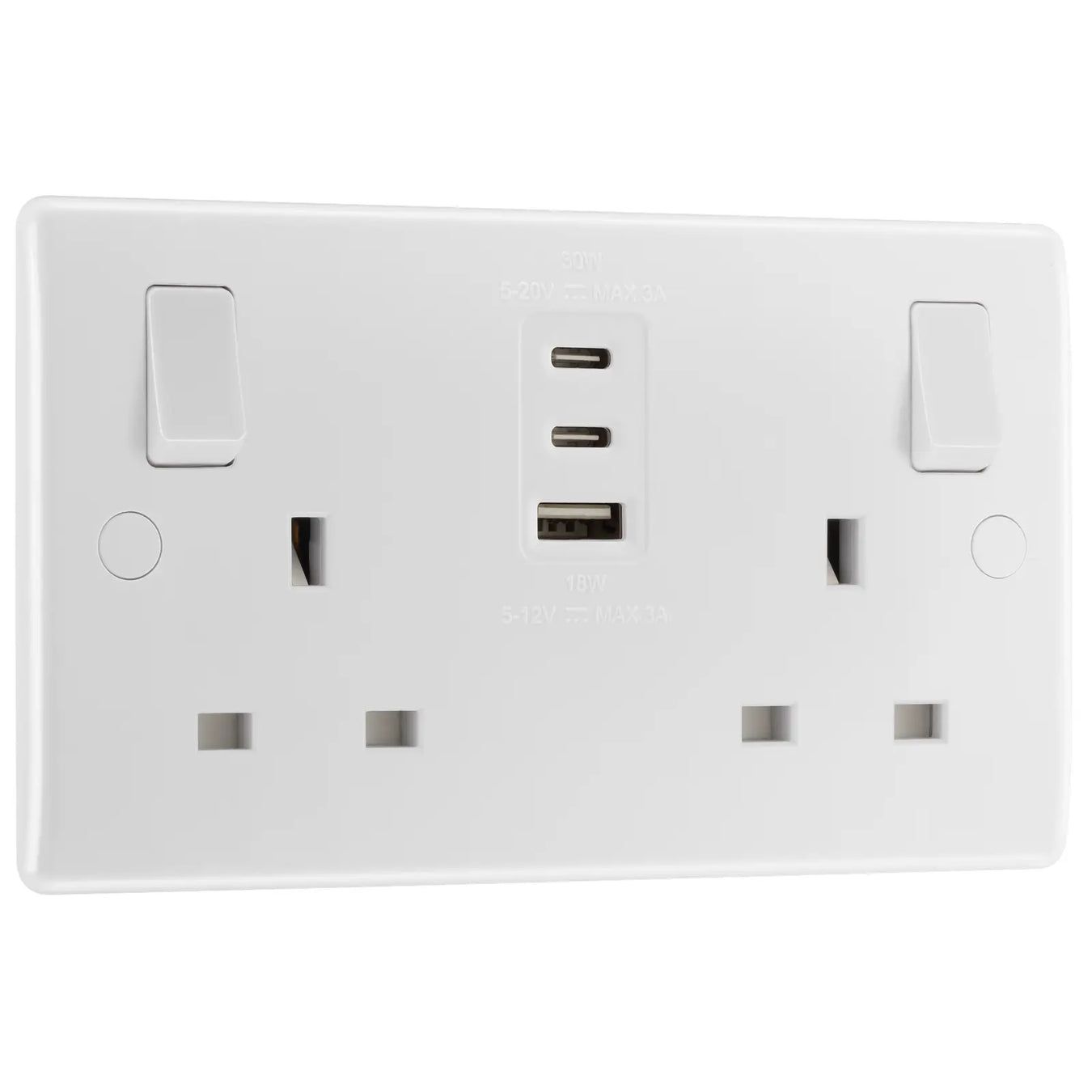 BG Electrical 800 Series - Double, switched, single pole, with 1 x A and 2 x C type USB (30W)