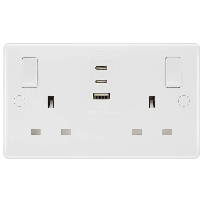 BG Electrical 800 Series - Double, switched, single pole, with 1 x A and 2 x C type USB (30W)