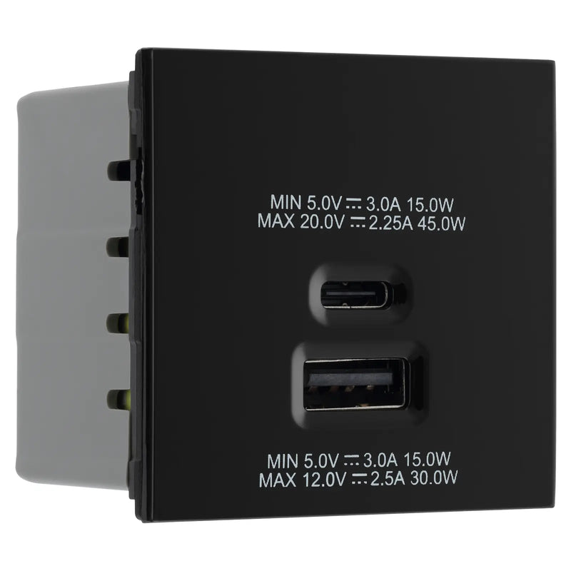 BG Electrical Euro Module - 45W USB A+C Euro Module - Black