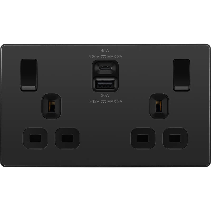 BG Electrical Evolve Black Chrome - Double switched single pole, with USB A + C (45W)