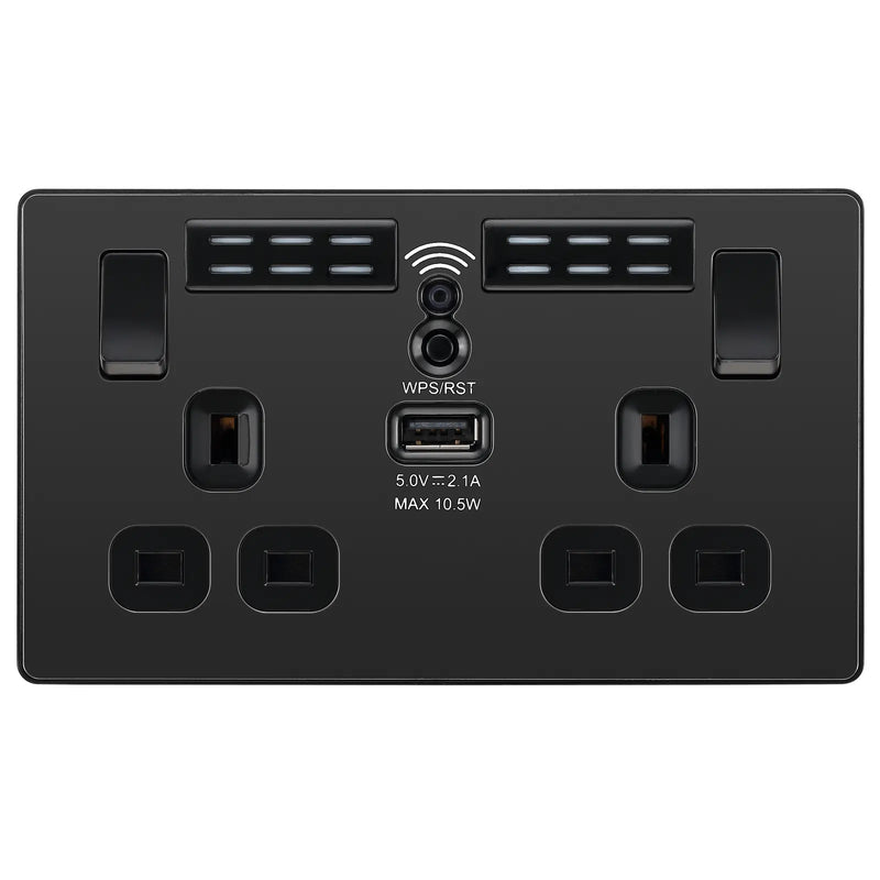 BG Electrical Evolve Black Chrome - Double, switched, single pole, WiFi Extender + USB A