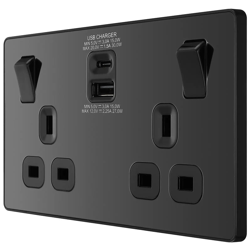 BG Electrical Evolve Black Chrome - Double, switched, single pole, with 30W fast charge USB A + USB C