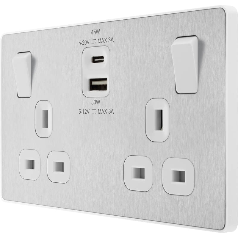 BG Electrical Evolve Brushed Steel - Double switched single pole, with USB A + C (45W)