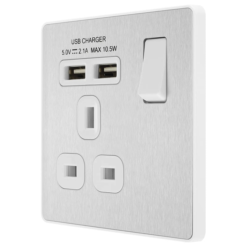 BG Electrical Evolve Brushed Steel - Single, switched, single pole, with 2 x USB A